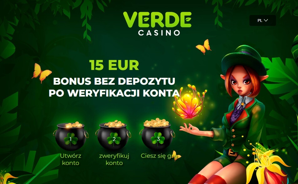 Ekran powitalny Verde Casino prezentujący ofertę gier i bonusów